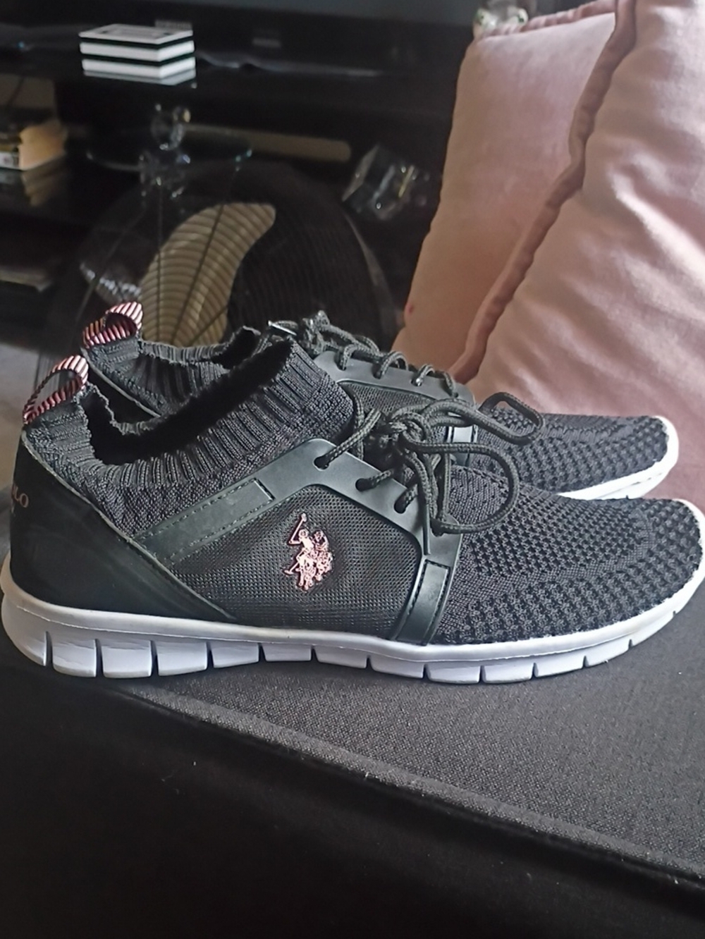 U.S. Polo Assn. Black Knit Sneakers with White Sole and Pink Logo
